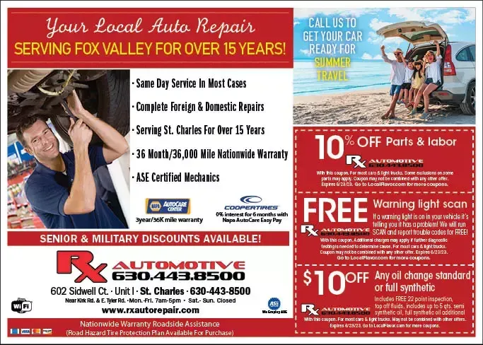 Advertisement for RX Automotive, a local auto repair shop in St. Charles, Illinois, offering discounts, services, and a warranty. | RX Automotive