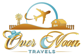 Golden "Over Noon Travels" logo with airplane, landmarks, and blue-gold travel accents