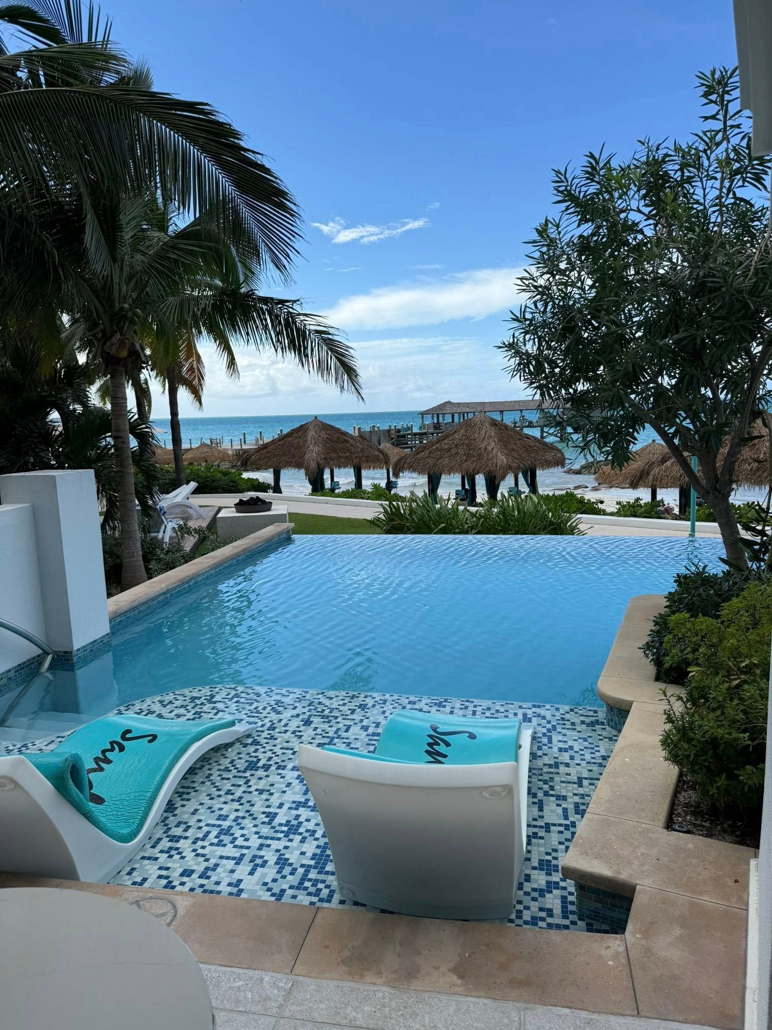 Tropical resort pool with ocean view, loungers, palm trees, and thatched beach umbrellas