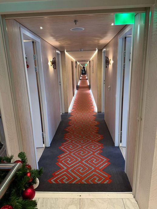 Long hotel hallway with red patterned runner and white doors on both sides