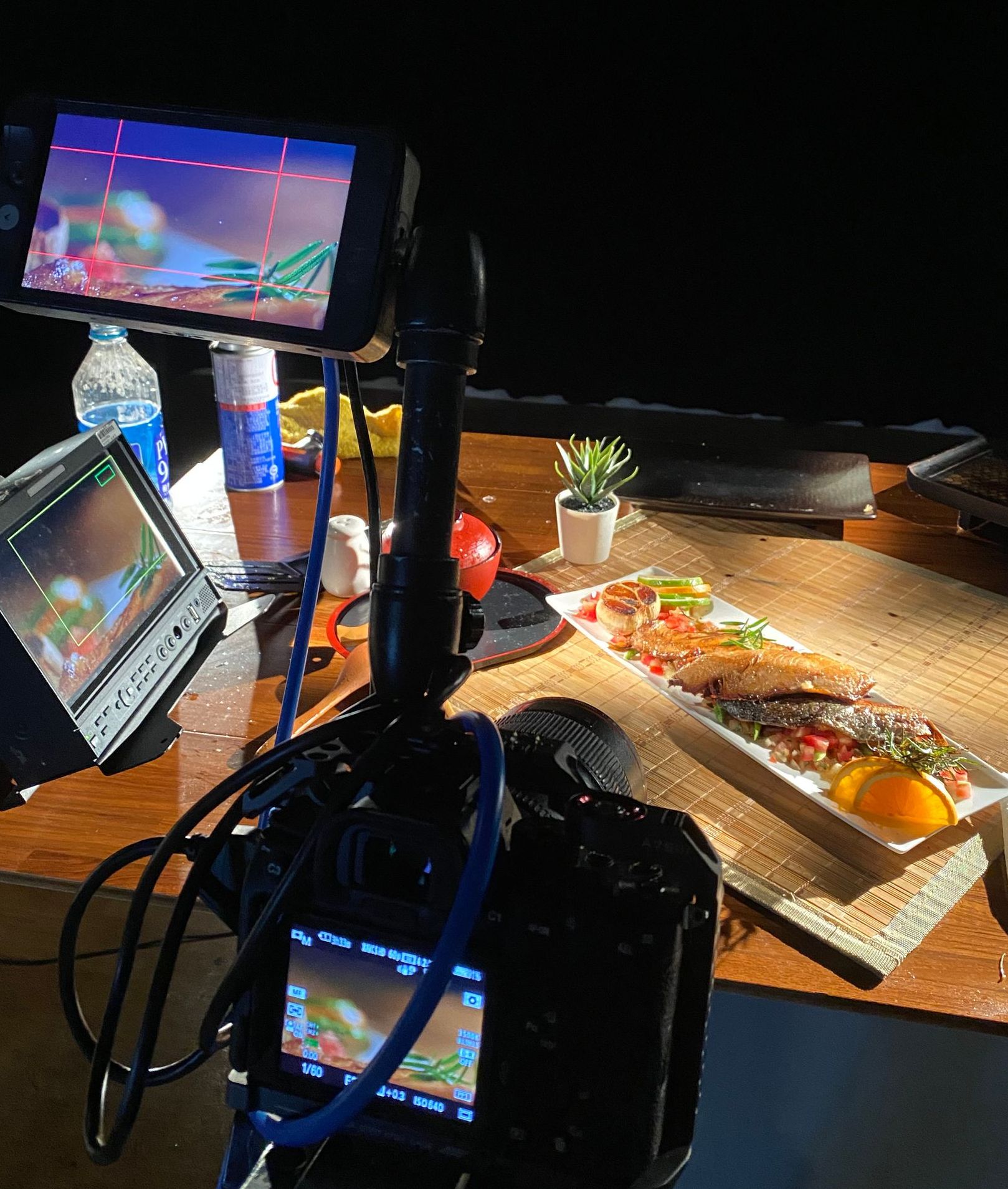 食物攝影設定：相機、兩個顯示器、陽光照射的盤子上的食物。