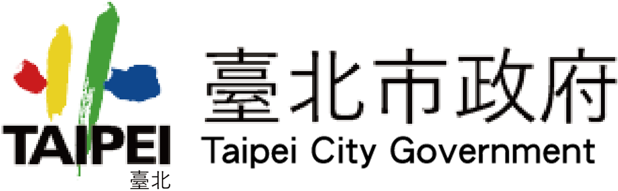 台北市政府標誌：色彩鮮豔的抽象形狀，附有中英文文字。