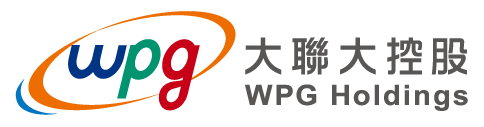 大聯大控股標誌：「wpg」以藍色、綠色和紅色組成，並帶有一條曲線和中文文字。