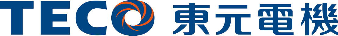 TECO 和中文文字，TECO 公司的標誌。藍色文字以及藍棕色漩渦圓圈圖案。