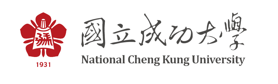 成功大學校徽：紅色花徽、漢字、英文。