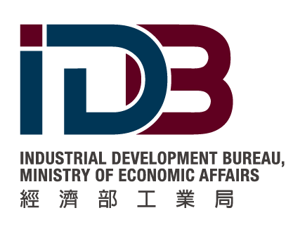 經濟部工業局標誌。 「IDB」字樣為藍色，上方為栗色文字。