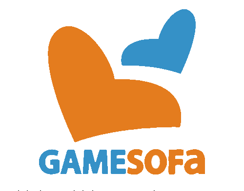Gamesofa 的標誌：橘色和藍色的心形圖案，上方是藍色的「GAMESOFA」字樣。