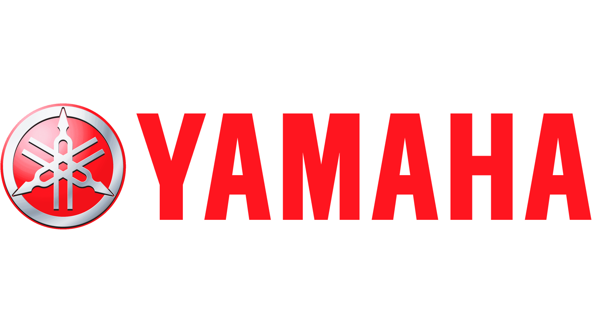 雅馬哈標誌：紅色「YAMAHA」文字旁邊是紅色和銀色的徽章，形狀像相互交織的音叉。