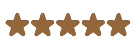 Five solid brown stars in a horizontal row, indicating a five-star rating.