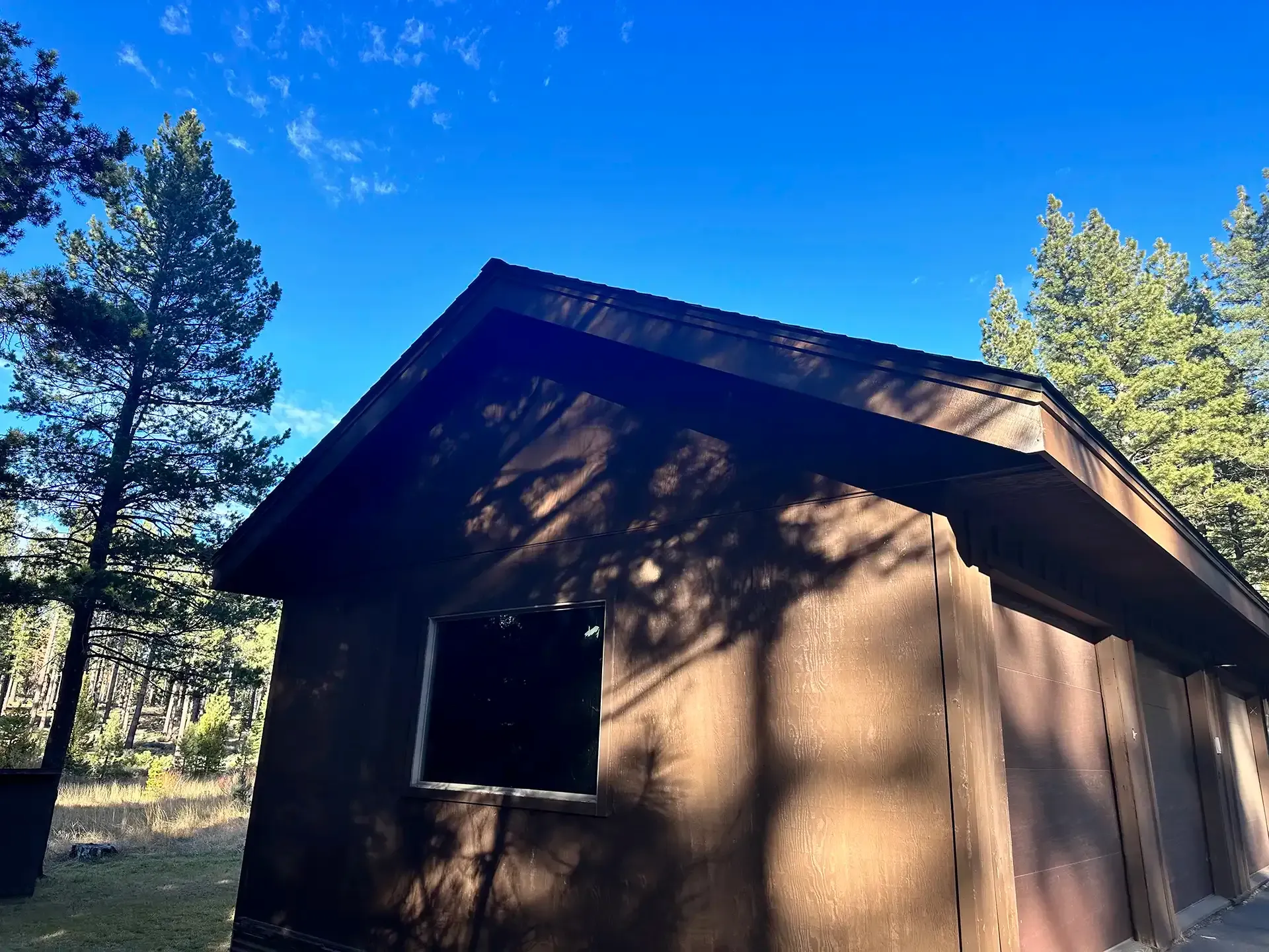 A brown, gabled building with a dark, windowless opening stands amidst pine trees under a clear blue sky.
