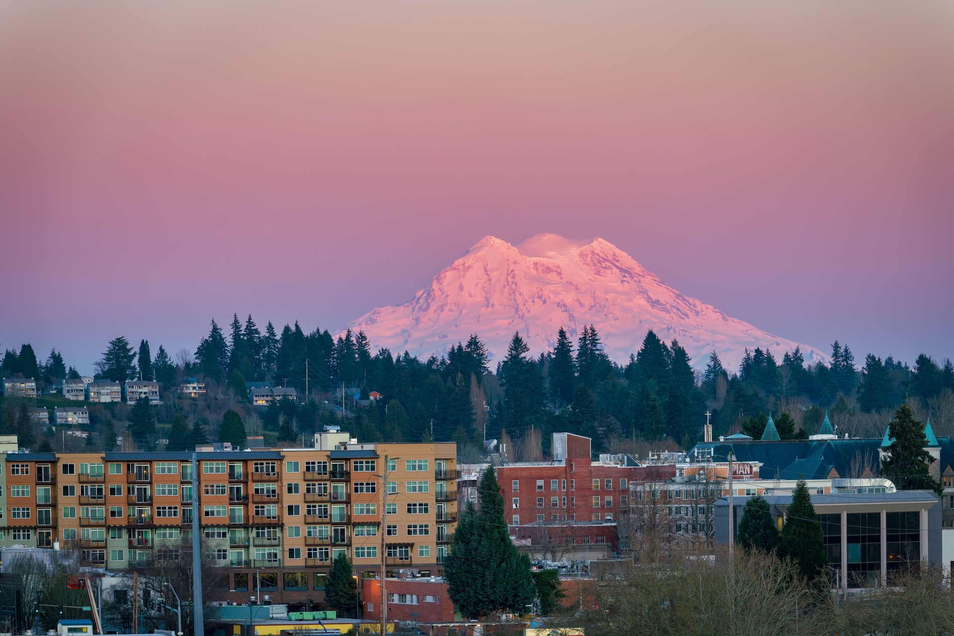 Snowy mountain at sunset above a city skyline with apartment buildings and evergreen trees