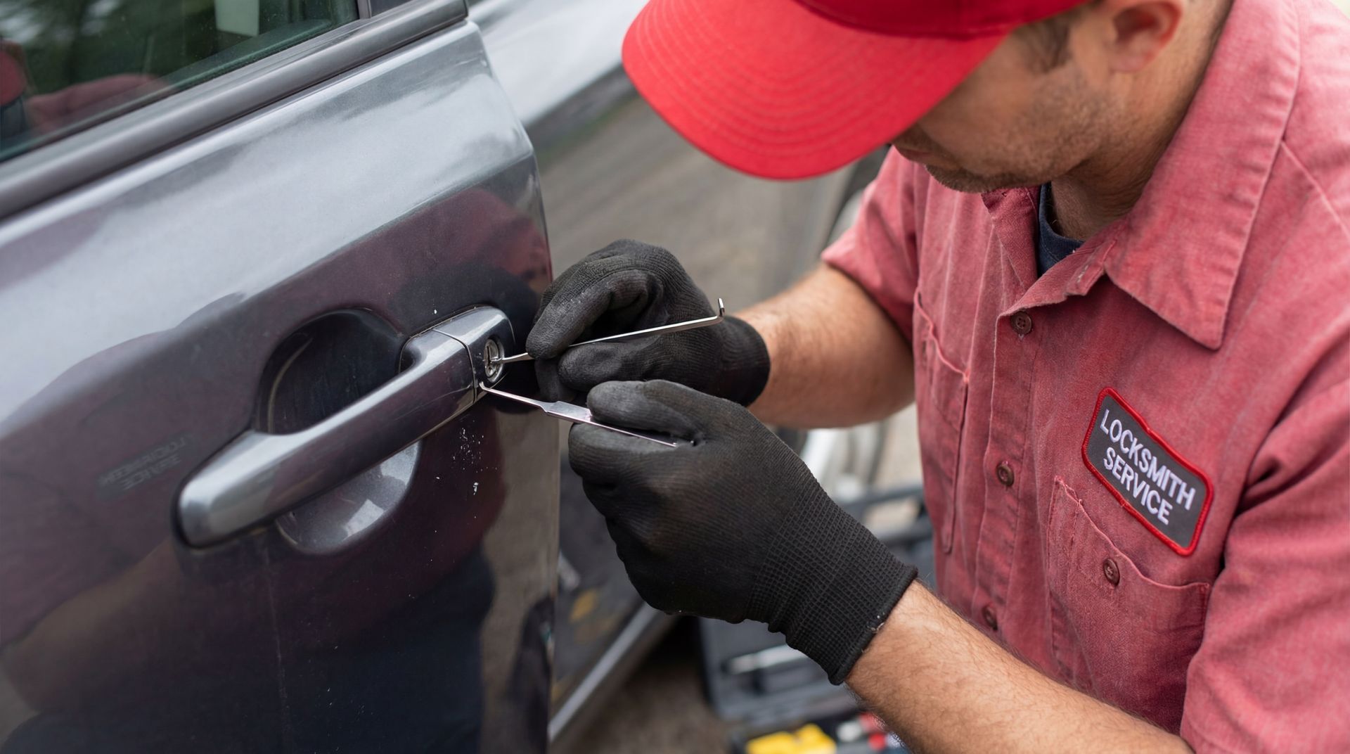 A technician in a red cap and black gloves picks a gray car door lock during a car lockout service.
