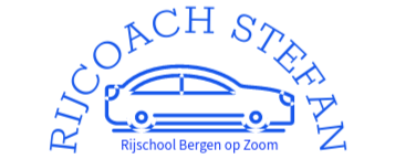 Logo of Rijcoach Stefan: blue car icon with text "Rijcoach Stefan" and "Rijschool Bergen op Zoom."