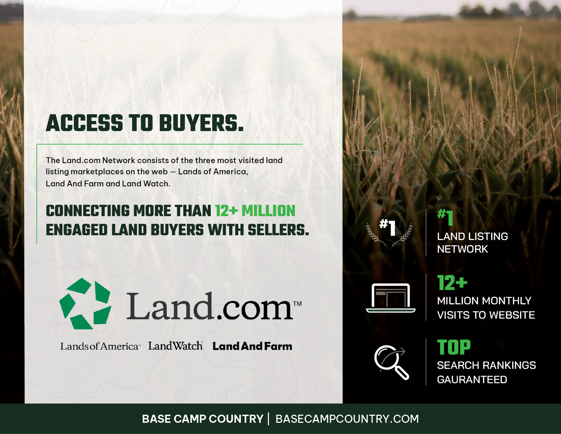 An advertisement for land.com shows a field of tall grass