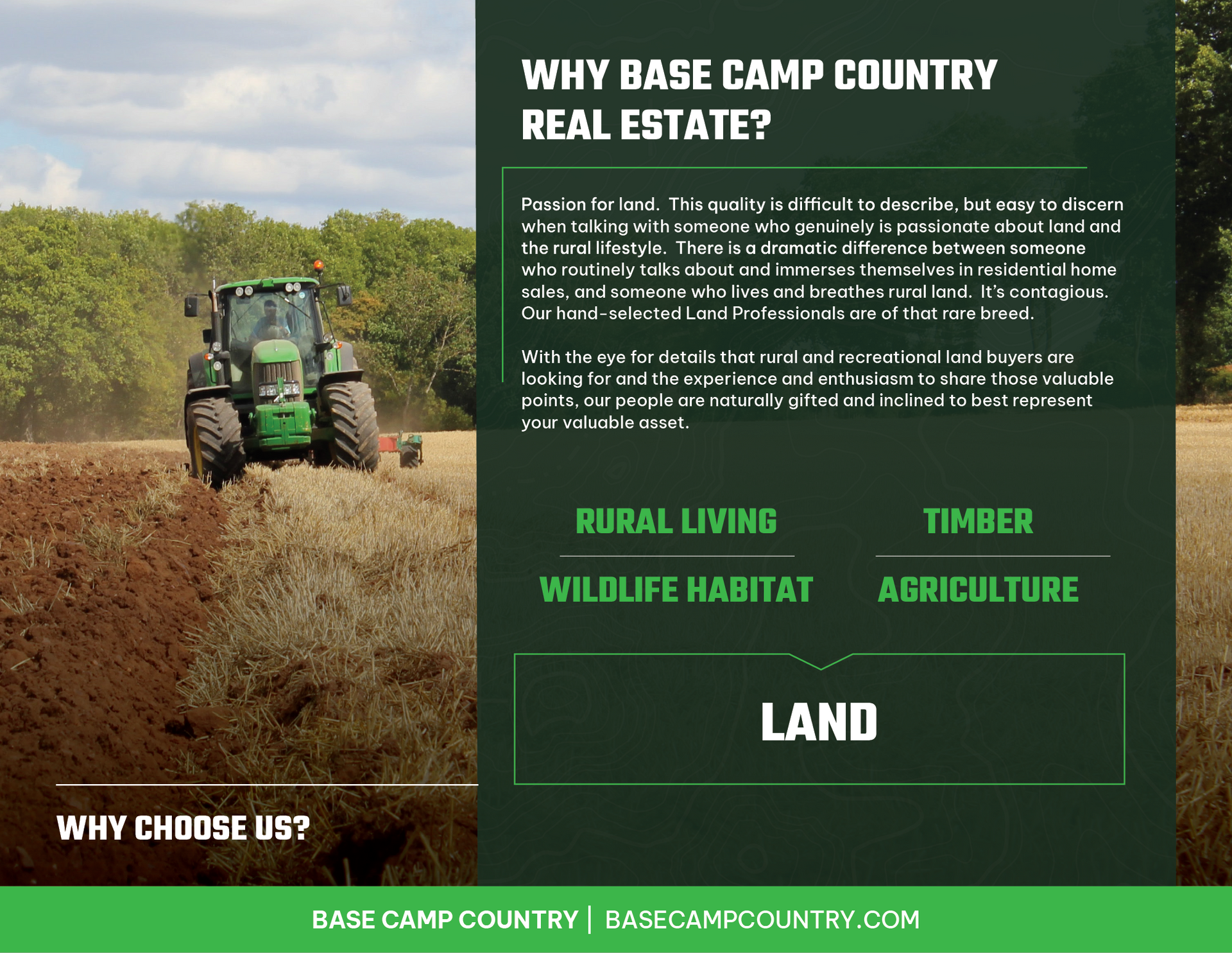 An advertisement for base camp country real estate shows a tractor plowing a field