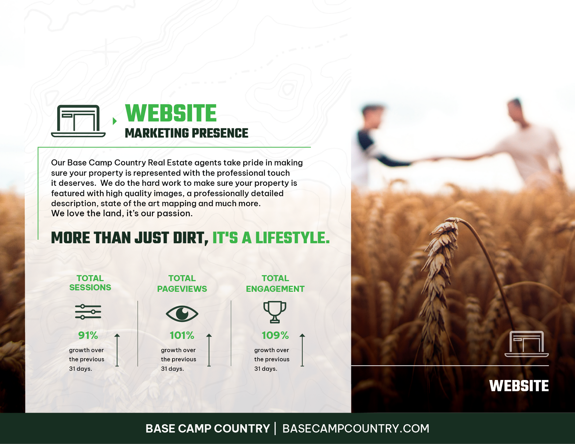 Two men are shaking hands in a field of wheat.