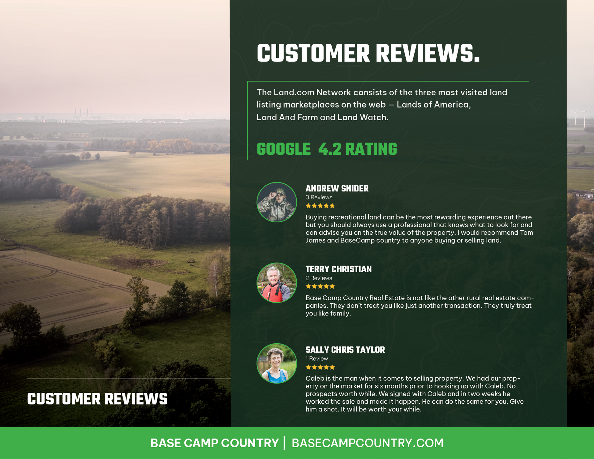 A page with a picture of a field and trees and a google 4.2 rating.