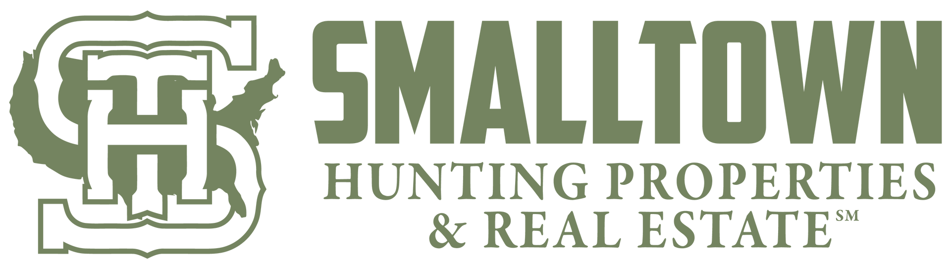 Logo for Smalltown Hunting Properties & Real Estate; olive-green letters and emblem with state outline.