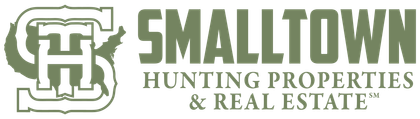 Logo for Smalltown Hunting Properties & Real Estate; olive-green letters and emblem with state outline.