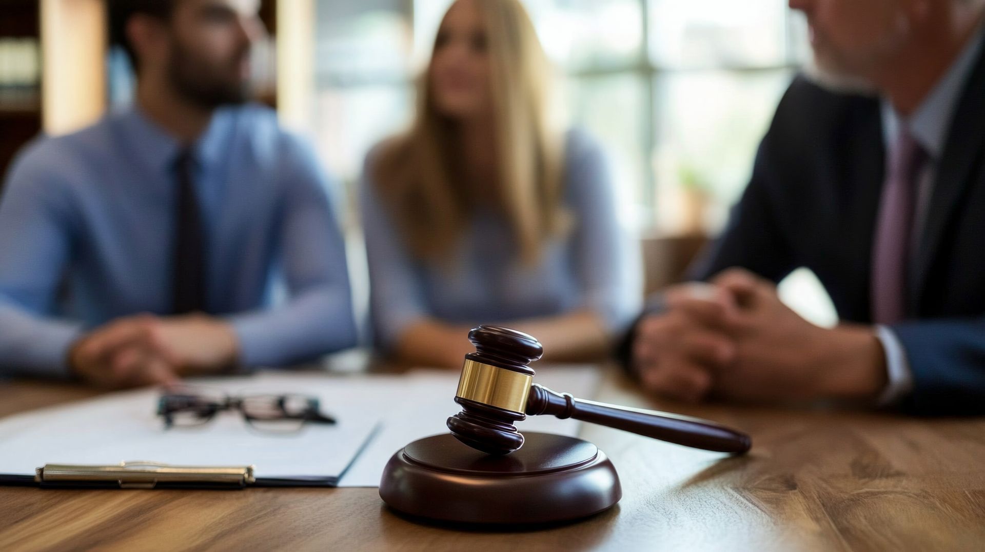 Couple consulting with a lawyer on estate planning in a professional setting.