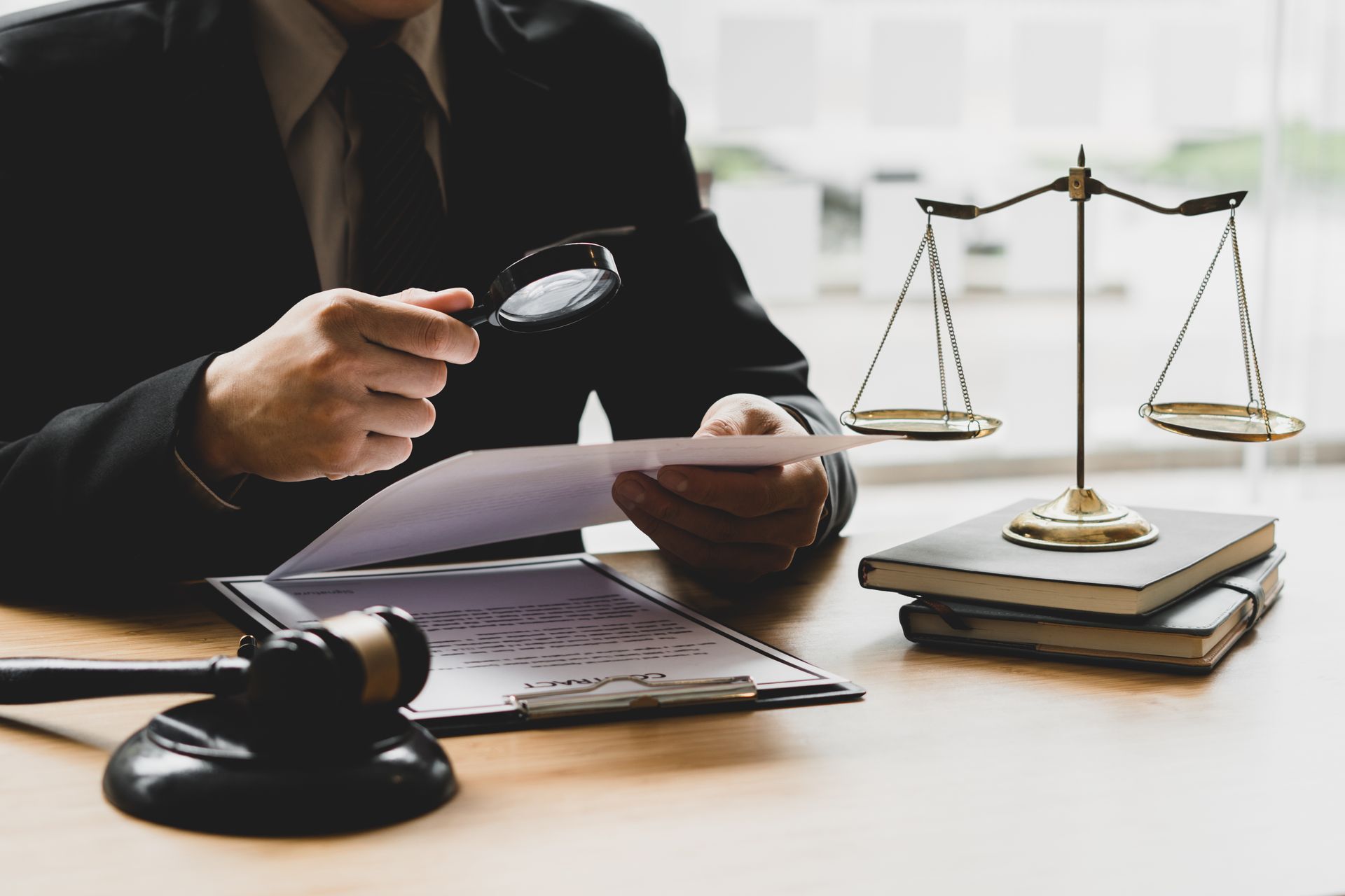 Lawyer reviewing legal document with magnifying glass at desk with scales of justice. Lawyer reviewing legal document with magnifying glass at desk with scales of justice.
