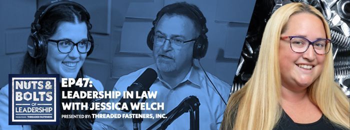 Podcast cover: Two people with mics and headphones, with Jessica Welch to the right. Text: Leadership in Law.