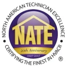 NATE certification logo in purple and gold, reading “North American Technician Excellence” and “20th Anniversary 1997–2017”