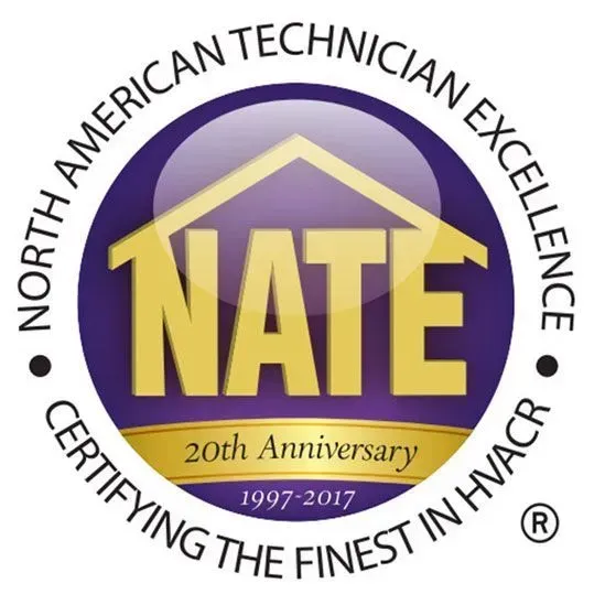 NATE certification logo in purple and gold, reading “North American Technician Excellence” and “20th Anniversary 1997–2017”