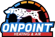 OnPoint Heating & Air logo with a white spotted dog over a blue and red badge