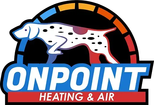 OnPoint Heating & Air logo with a white spotted dog over a blue and red badge
