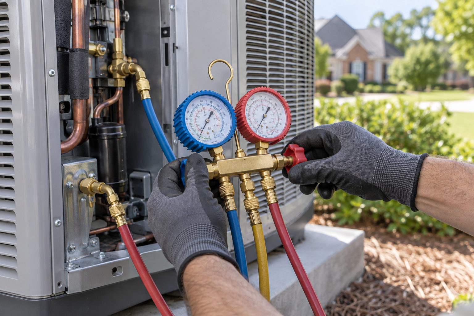 Technician using manifold gauges to service an outdoor air conditioning unit