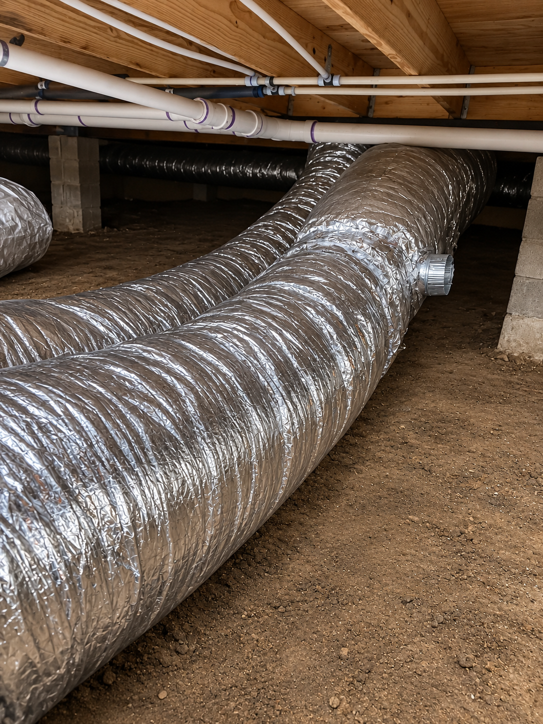 Silver flexible HVAC duct under a wooden floor in a crawlspace