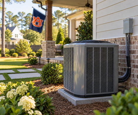 Outdoor HVAC unit beside a house porch with a hanging Auburn flag and landscaped front yard