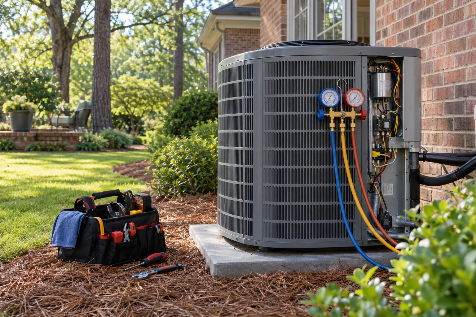 Outdoor HVAC unit with gauges and hoses connected, tools beside it on a house lawn