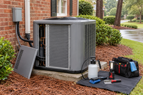 Outdoor HVAC unit under repair beside a house, with tools and supplies on a black mat.