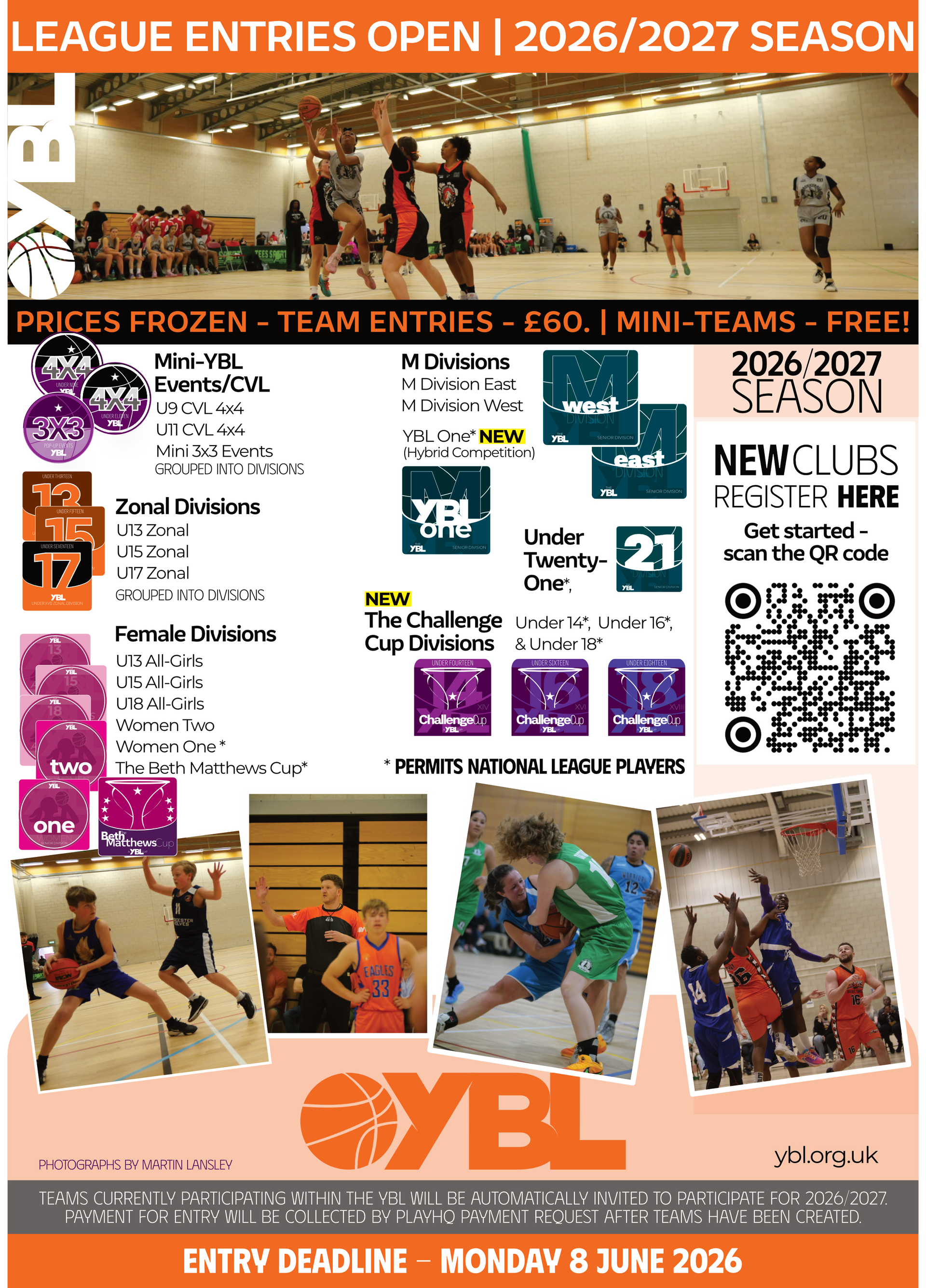 YBL youth basketball league flyer with game photos, schedules, QR code, and orange-and-black design