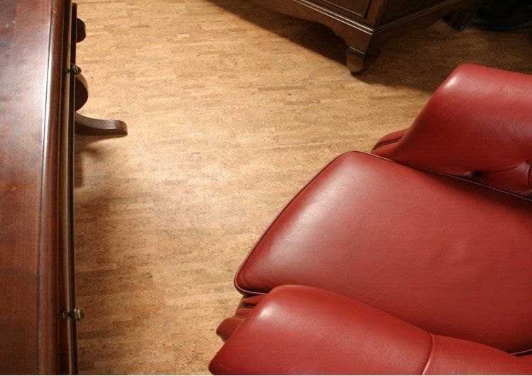 Intérieur avec mobilier en cuir rouge et plancher en liège clair.