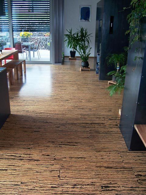 Intérieur moderne au sol en liège clair, plantes vertes et baies vitrées sur terrasse.