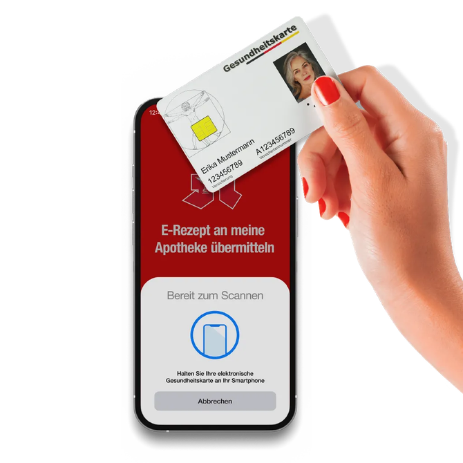 Frau scannt Krankenversicherungskarte mit Handy, roter App-Bildschirm.