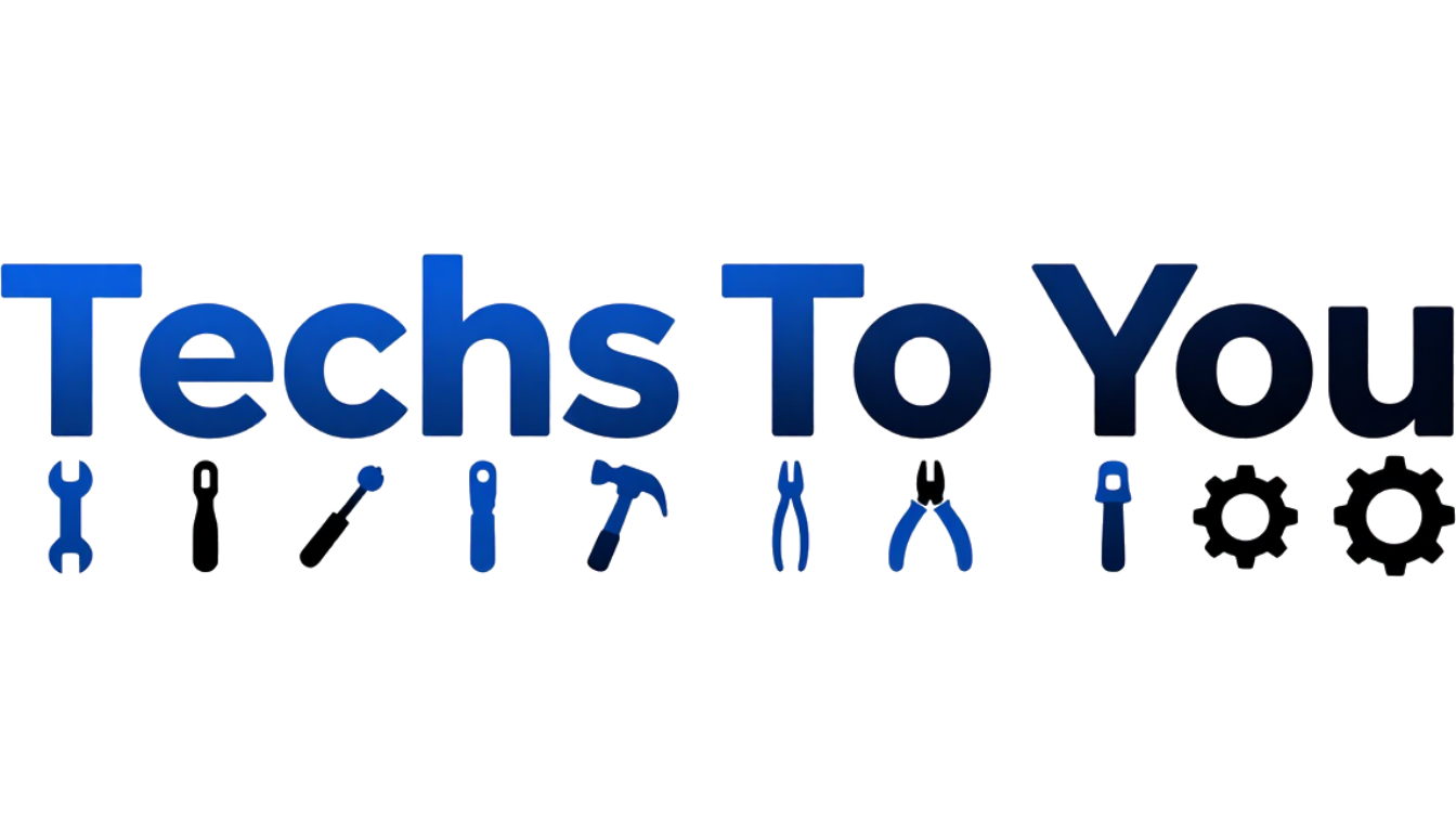Techs To You logo in blue and black with tool icons and gear symbols underneath