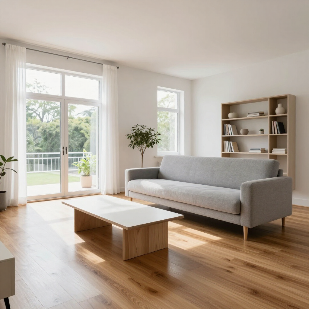 A bright, minimalist living room with a light gray sofa, a wooden coffee table, a tall bookshelf, and large glass doors.