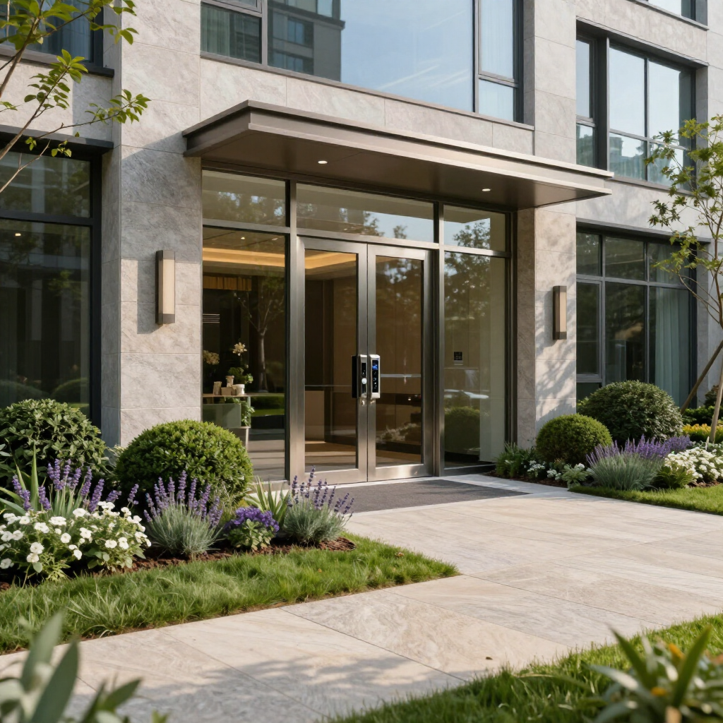 A modern building entrance with double glass doors, stone facade, and landscaped flower beds in front.