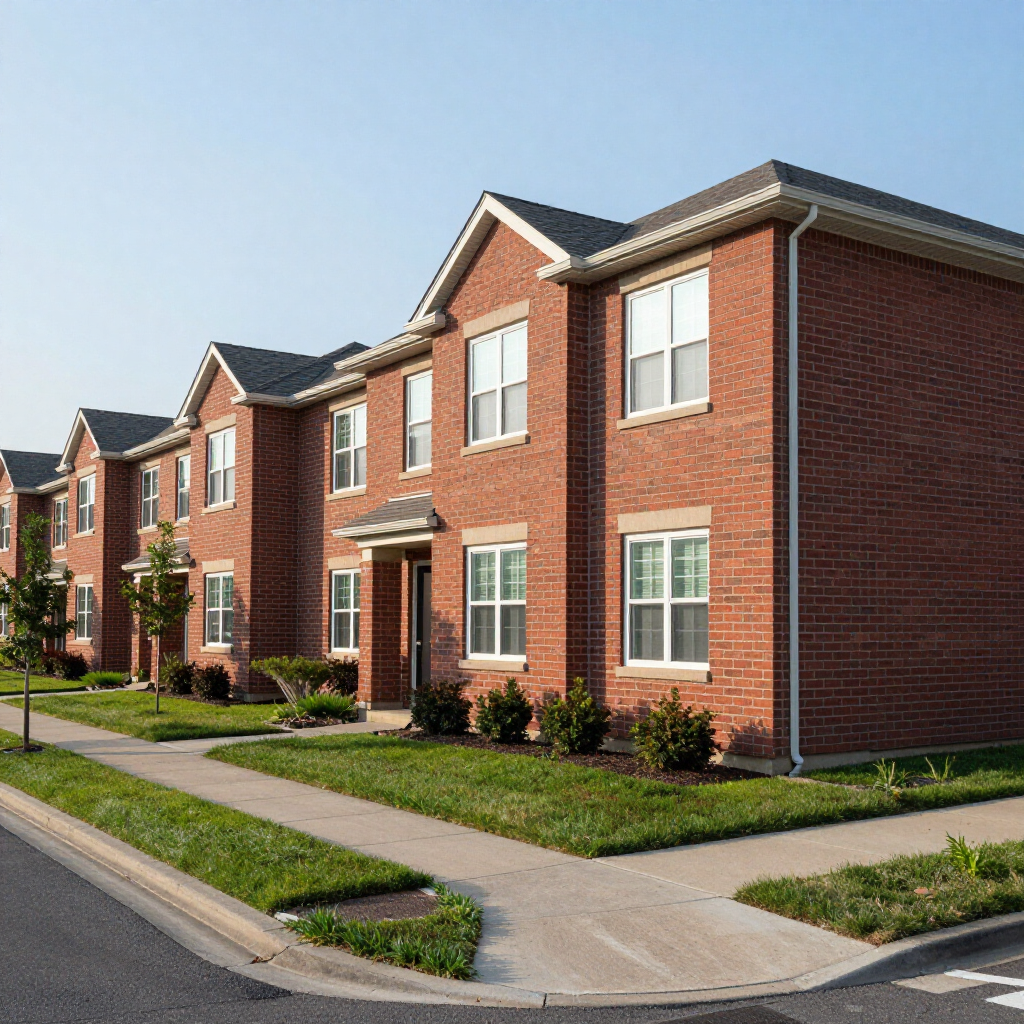 A row of two-story, red-brick apartment buildings with grey roofs and white-framed windows along a concrete sidewalk.