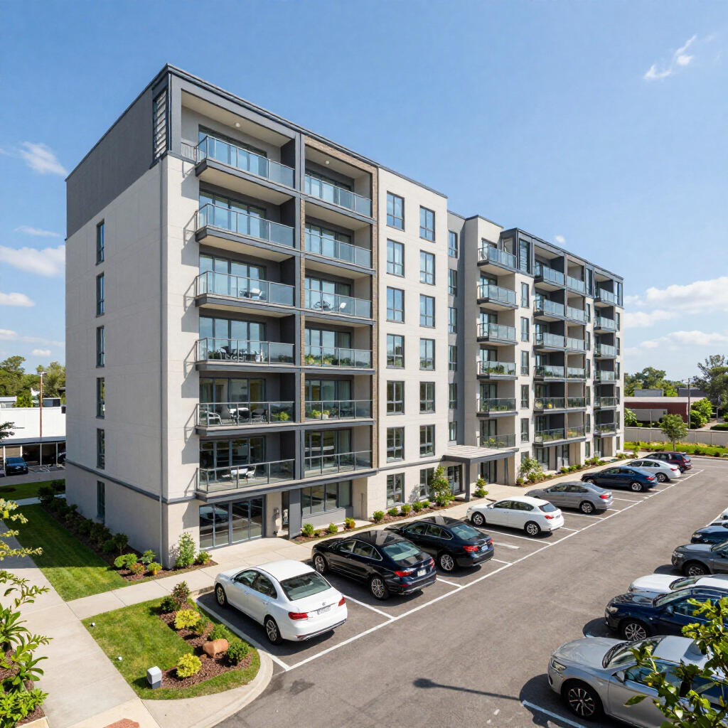A multi-story modern apartment building with balconies, set beside a parking lot with several parked cars.