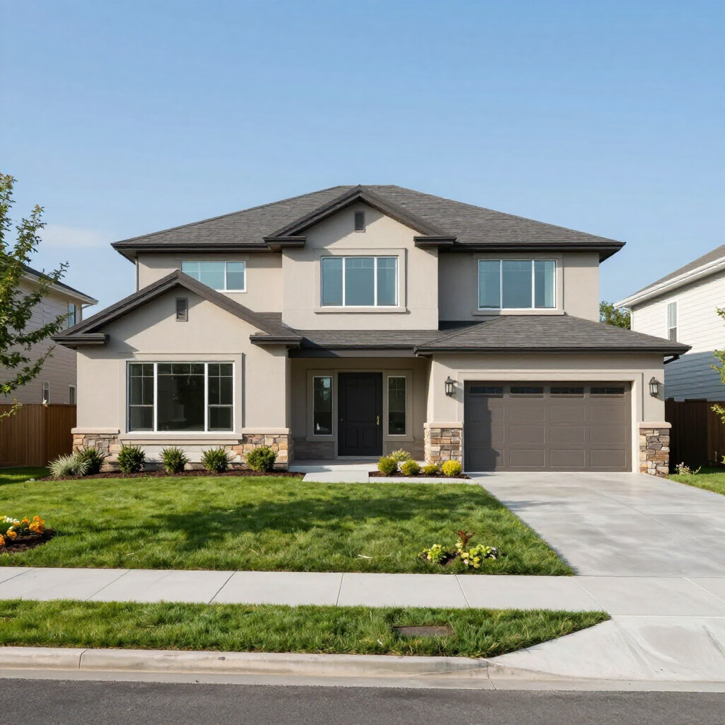 A modern two-story suburban house with beige stucco, stone accents, a gray roof, and an attached two-car garage.