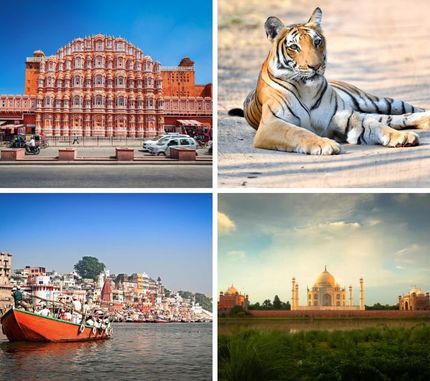 Golden Triangle tour collage featuring Jaipur, a Bengal tiger safari, and Varanasi