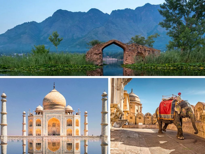 Collage of Kashmir mountain scenery, Taj Mahal in Agra and decorated elephant in Rajasthan, India