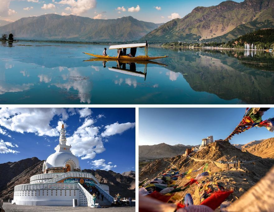 Highlights of a combined Kashmir and Ladakh tour showing Shikaras on Dal Lake and rugged Himalayan mountain passes in Ladakh.