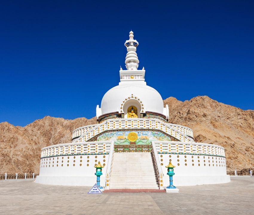 Ancient Buddhist monastery perched on a rocky hill in Leh, Ladakh with snow-capped Himalayan mountains in the background.