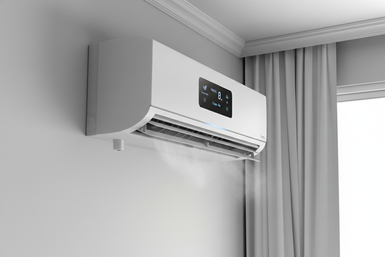 White wall-mounted air conditioner blowing air.